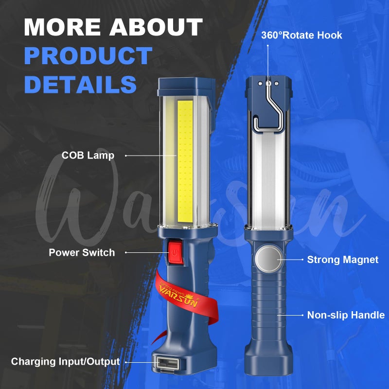 WARSUN LED Work Light Rechargeable, Portable Mechanic Trouble Light with1200 Lumens, COB worklight Magnetic Base, Cordless Floodlight for Car Repair, Camping, Hiking, 30w - Image 5